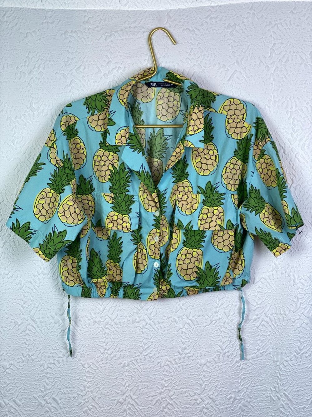 Zara Pineapple Print Cropped Button Front Shirt XS Tropical Top